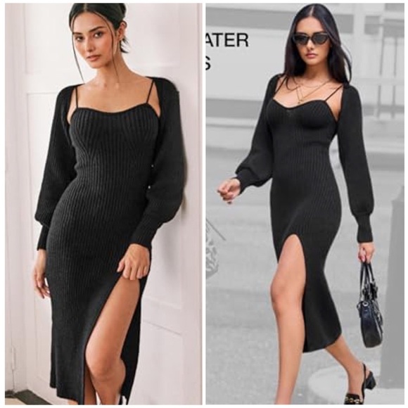 Cider Black Knit Solid Cami Split Midi Sweater Dress & Crop Top 2-Piece Set - Picture 1 of 10